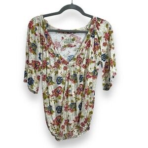 Mudd Top Womens Medium Blue Red Rose Floral Y2K Peasant Blouse Boho Hippie